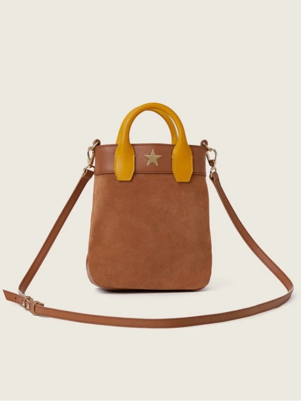 Compact Brown Suede Mini Bag with Yellow Handles